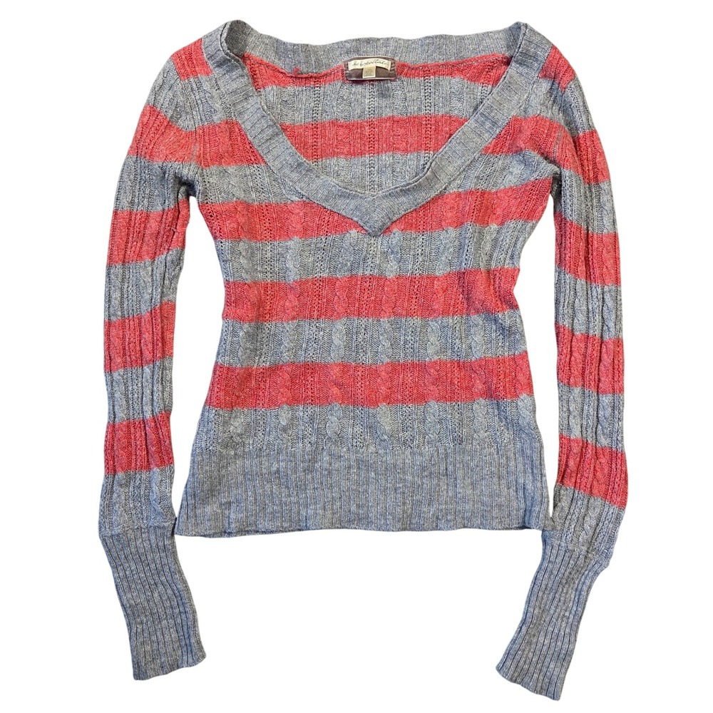 Aeropostale Womens Grey Coral Striped Angora Blend Cable Knit V-Neck Sweater M